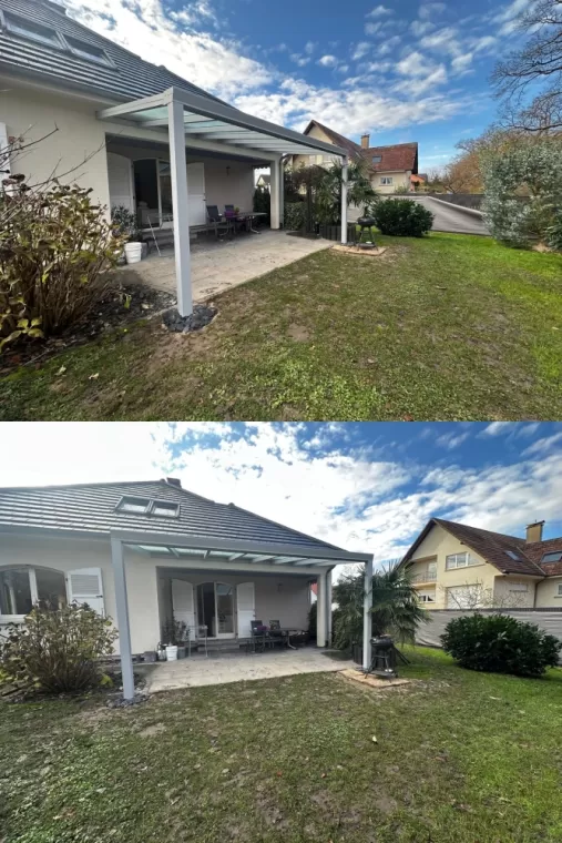 Installation de pergola à toit fixe vitré à Ohlungen, Haguenau, Technic’Jardins